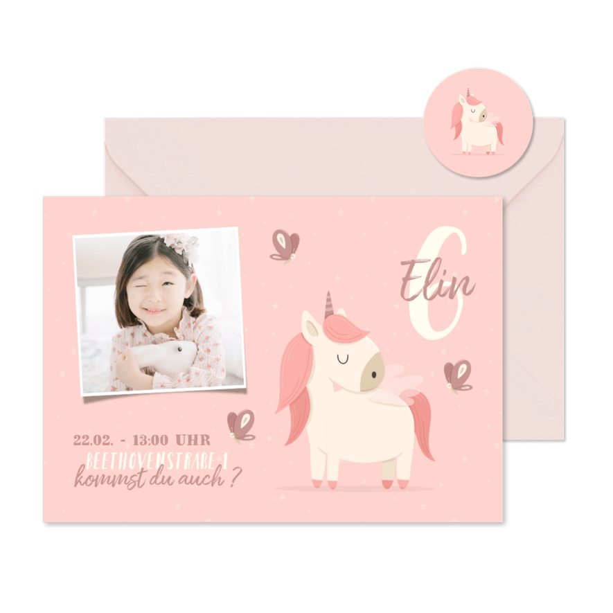 Einladung 6. Kindergeburtstag mit Foto und Einhorn - Karteneindruck