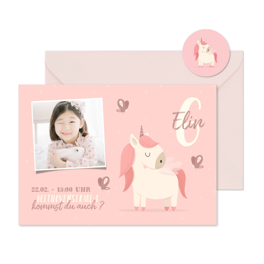 Einladung 6. Kindergeburtstag mit Foto und Einhorn - Karteneindruck
