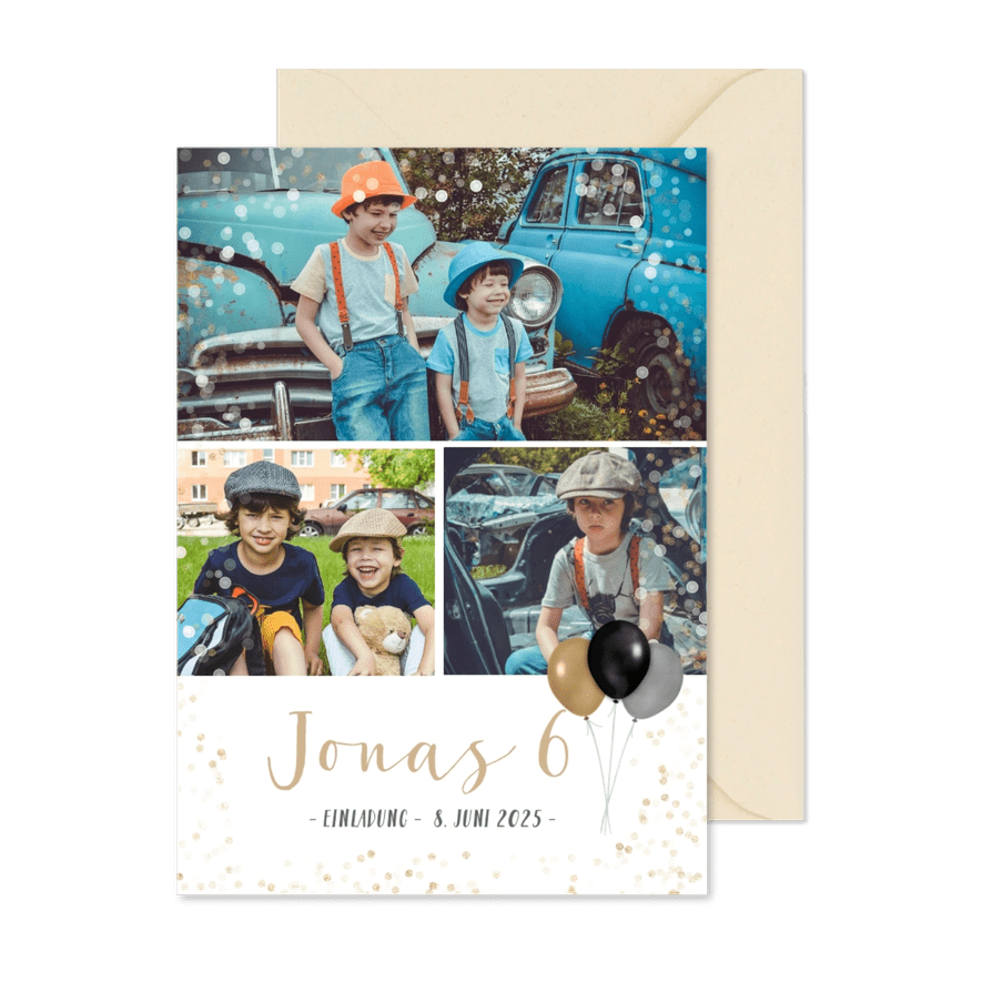 Einladung 6. Kindergeburtstag mit Fotocollage - Karteneindruck
