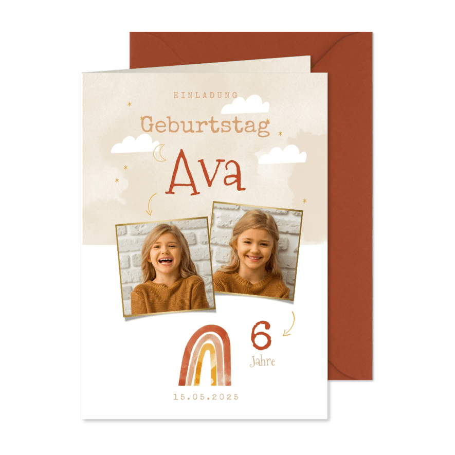 Einladung 6. Kindergeburtstag mit zwei Fotos und Regenbogen - Karteneindruck