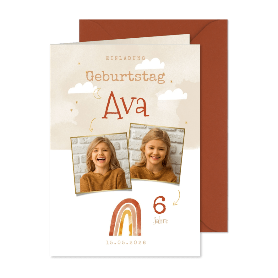 Einladung 6. Kindergeburtstag mit zwei Fotos und Regenbogen - Karteneindruck
