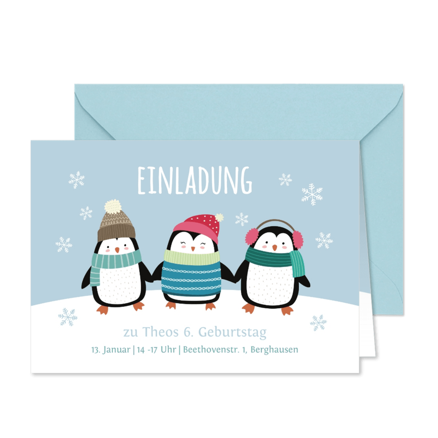 Einladung 6. Kindergeburtstag Party-Pinguine blau - Karteneindruck