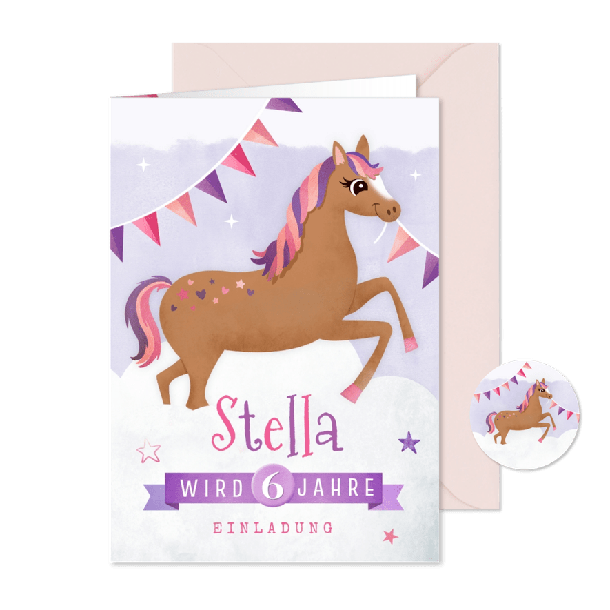 Einladung 6. Kindergeburtstag Pferd in den Wolken - Karteneindruck