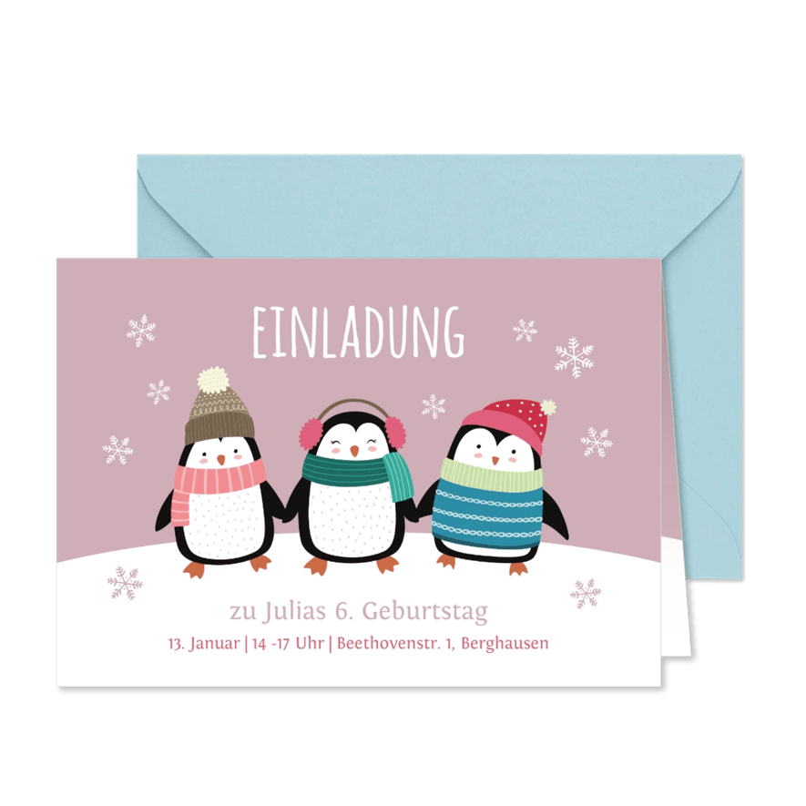 Einladung 6. Kindergeburtstag Pinguine rosa Party - Karteneindruck
