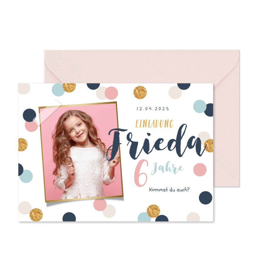 Einladung 6. Kindergeburtstag rosa Konfetti und Foto - Karteneindruck