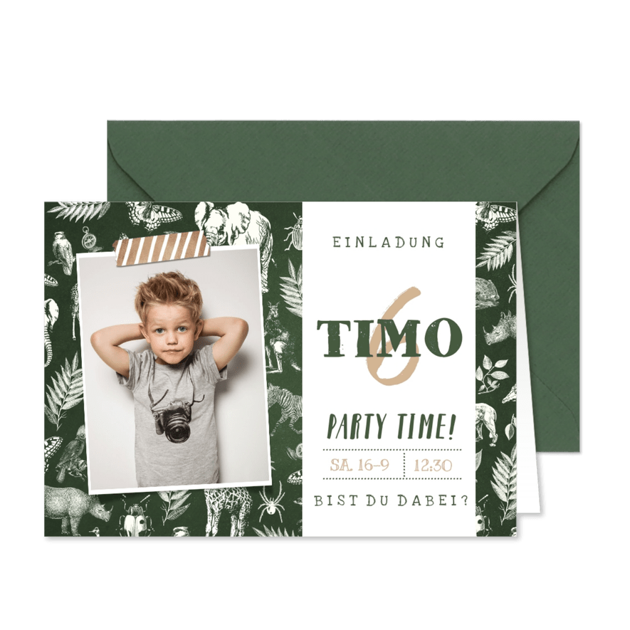 Einladung 6. Kindergeburtstag Safari Tiere mit Foto - Karteneindruck
