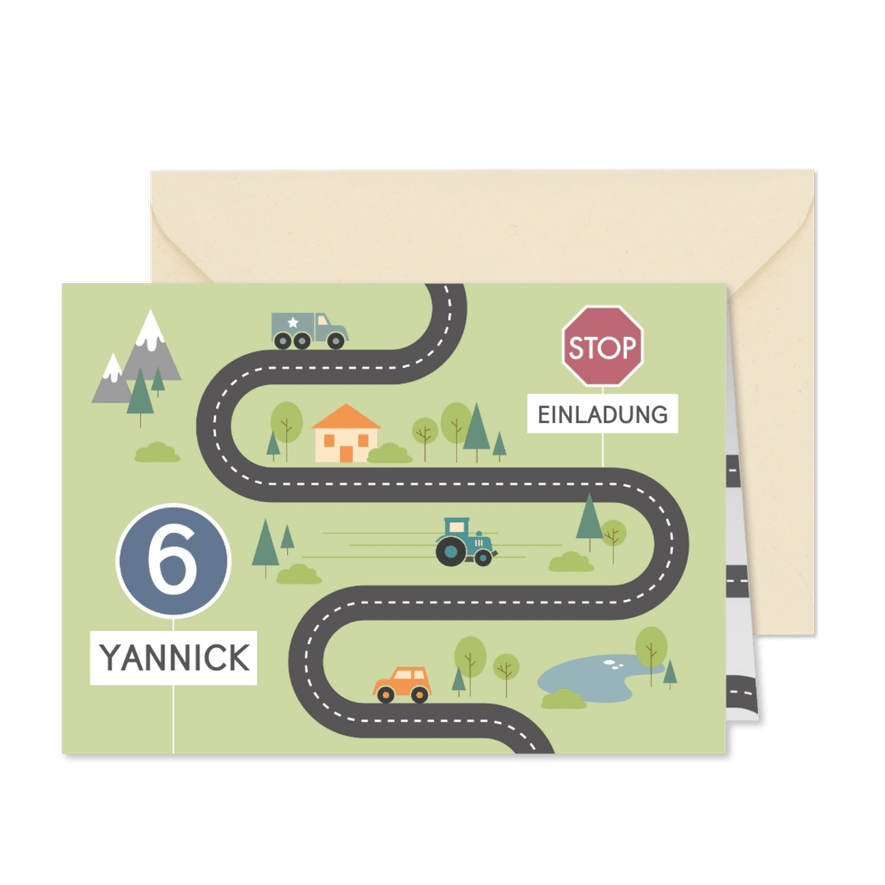 Einladung 6. Kindergeburtstag Straße und Verkehrsschild - Karteneindruck

