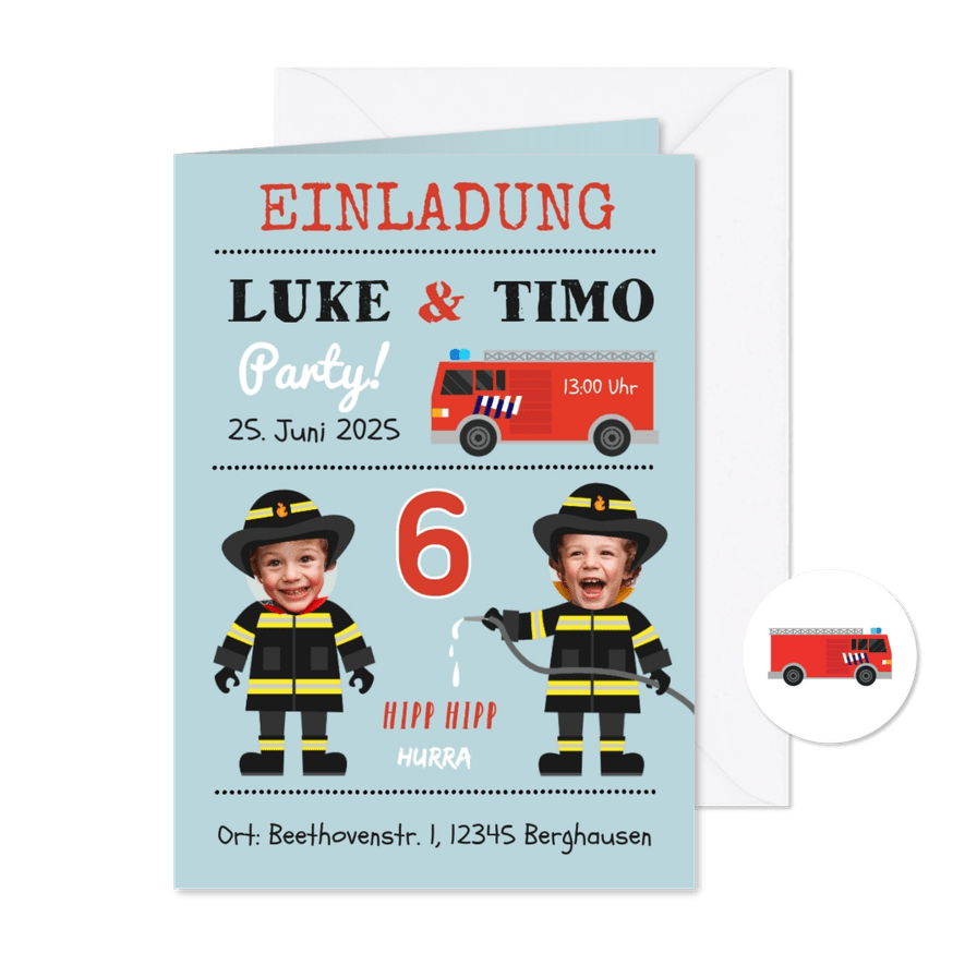 Einladung 6. Kindergeburtstag Zwilling Feuerwehr - Karteneindruck
