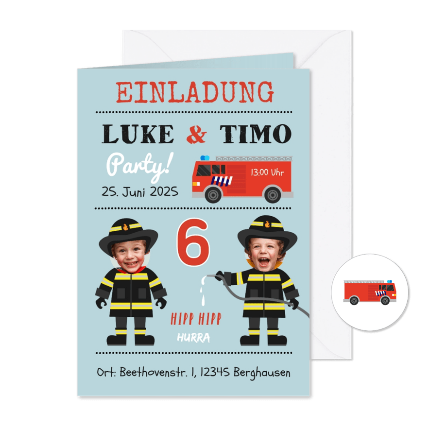 Einladung 6. Kindergeburtstag Zwilling Feuerwehr - Karteneindruck