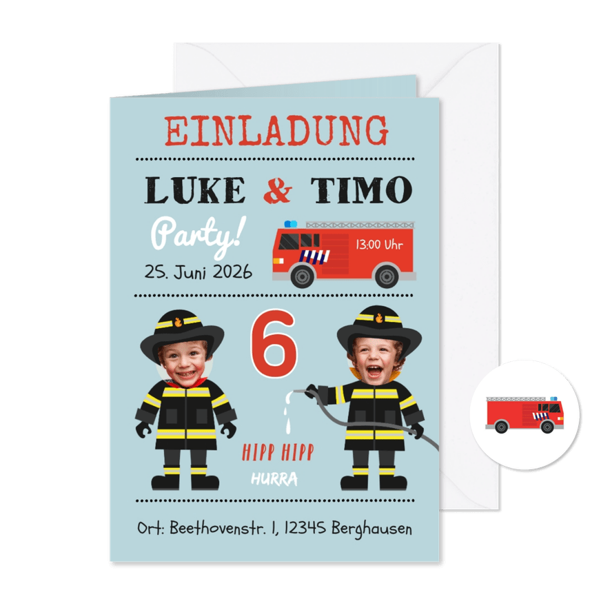 Einladung 6. Kindergeburtstag Zwilling Feuerwehr - Karteneindruck