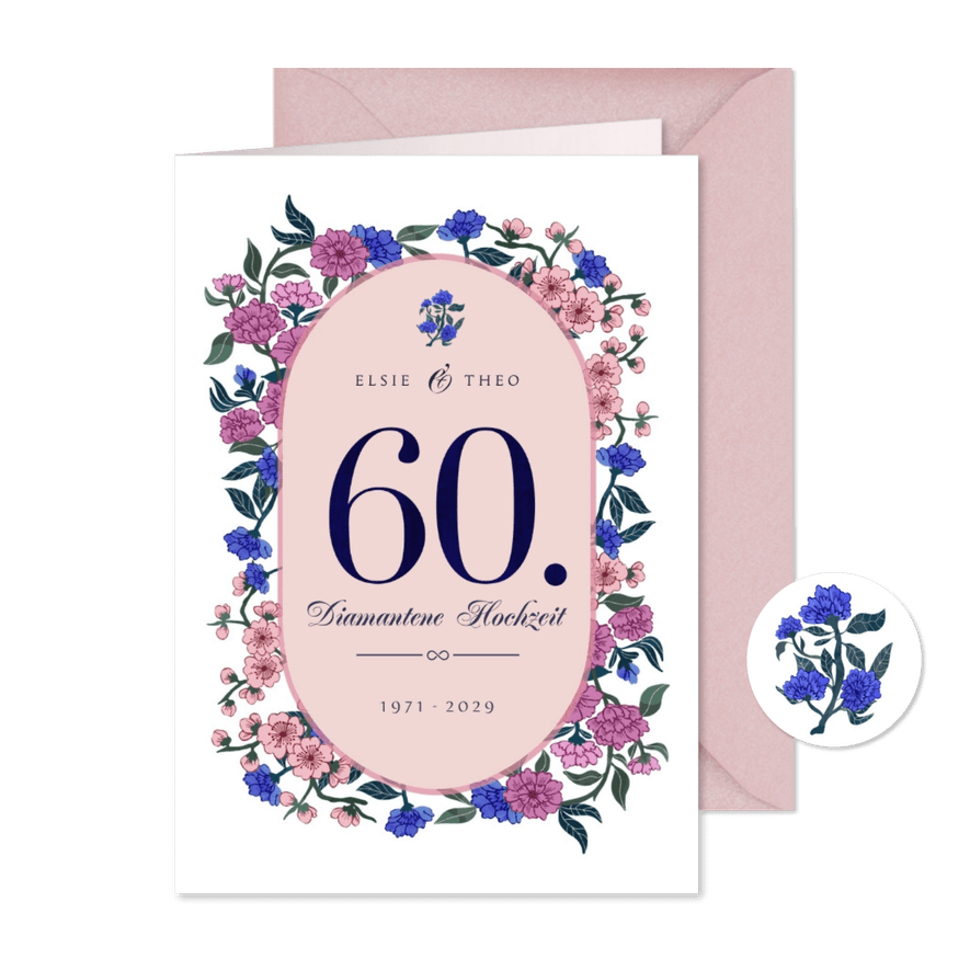 Einladung 60. Hochzeitstag Kirschblüten und Blätterkranz - Karteneindruck
