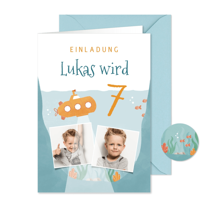 Einladung 7. Kindergeburtstag Fotos & U-Boot - Karteneindruck