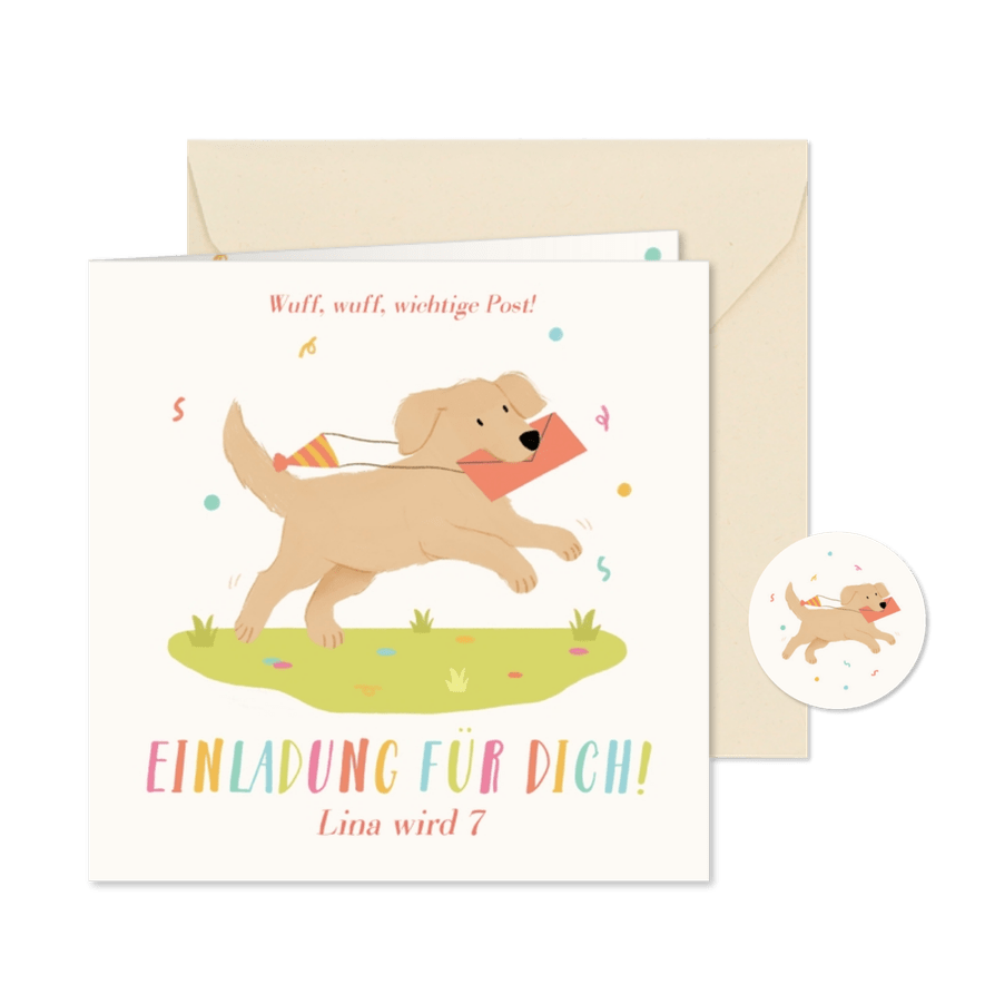 Einladung 7. Kindergeburtstag Hund mit Brief - Karteneindruck