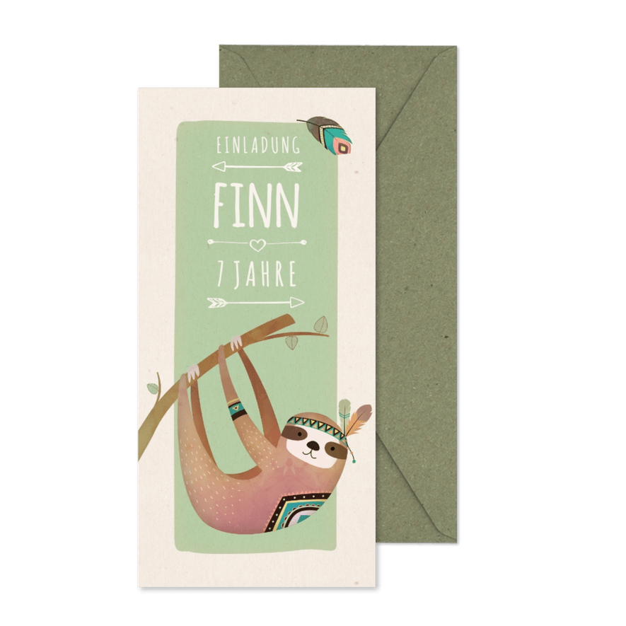 Einladung 7. Kindergeburtstag Indianer-Faultier - Karteneindruck
