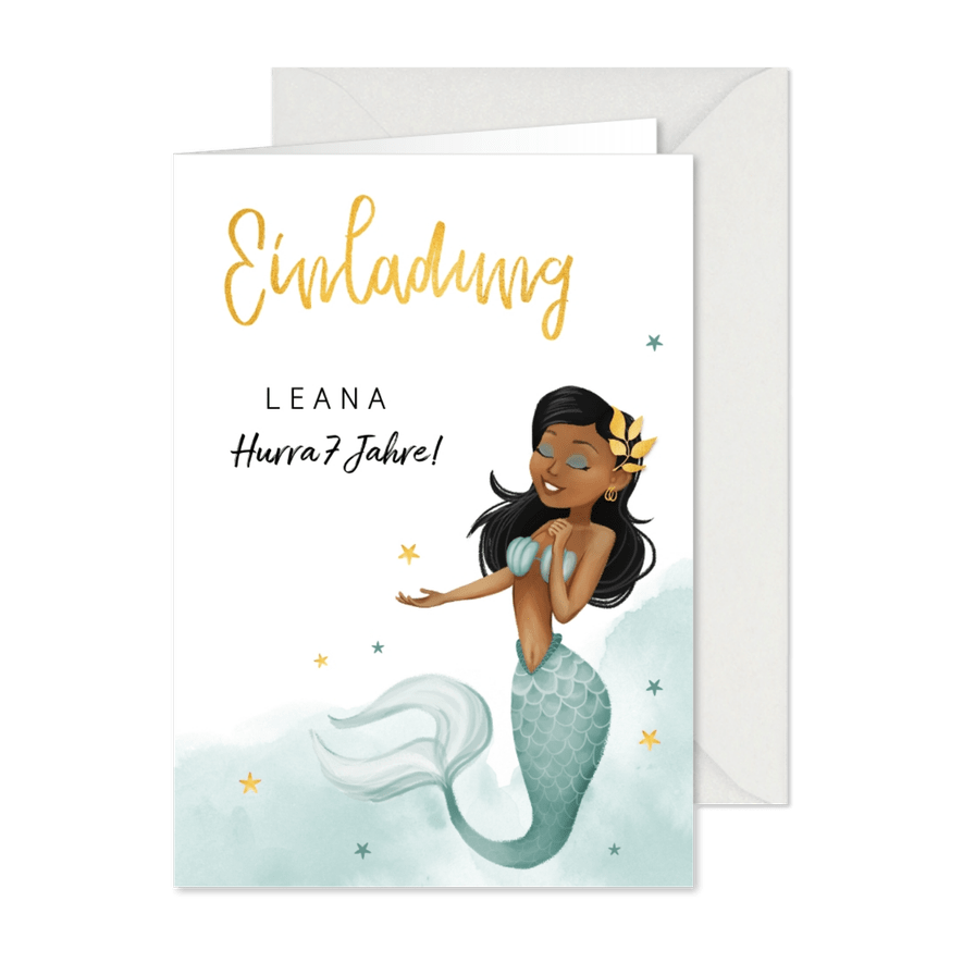 Einladung 7. Kindergeburtstag Meerjungfrau mit Wasserfarbe - Karteneindruck