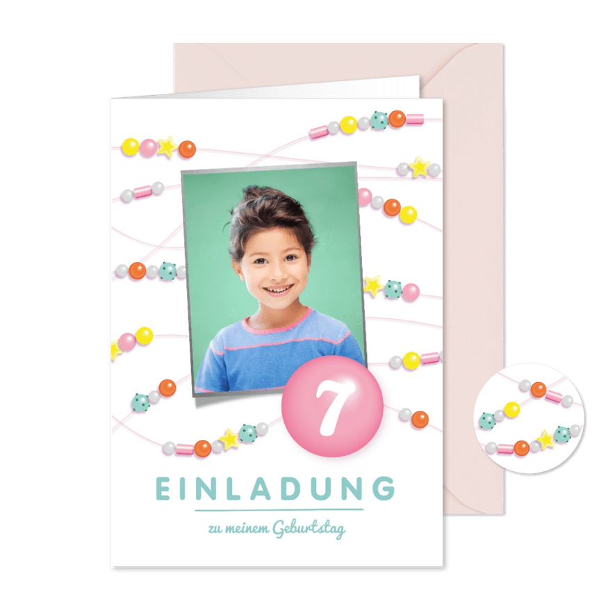 Einladung 7. Kindergeburtstag mit Perlen basteln - Kartenvorschau