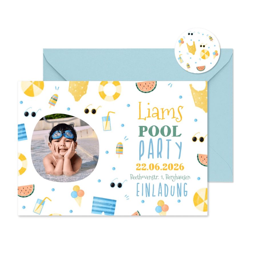 Einladung 7. Kindergeburtstag Pool Party Junge rundes Foto - Karteneindruck

