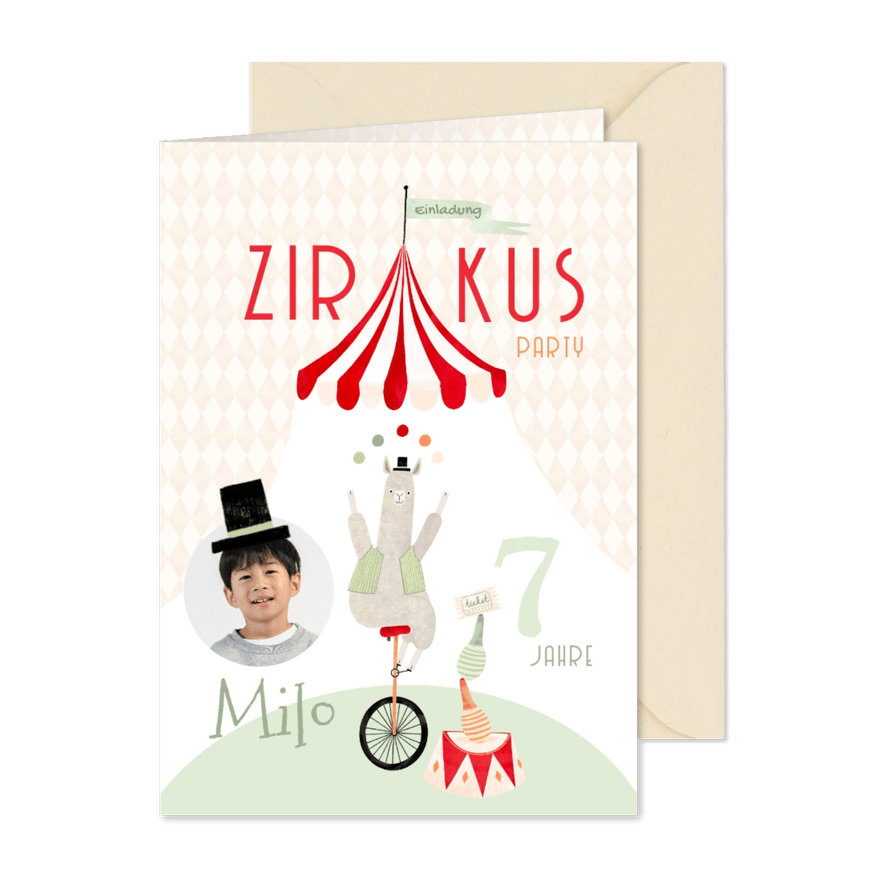 Einladung 7. Kindergeburtstag Zirkus-Party mit Foto - Karteneindruck
