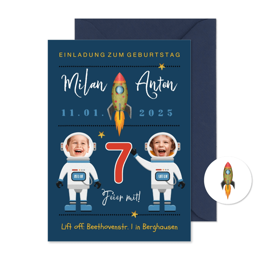 Einladung 7. Kindergeburtstag Zwilling Astronauten - Karteneindruck
