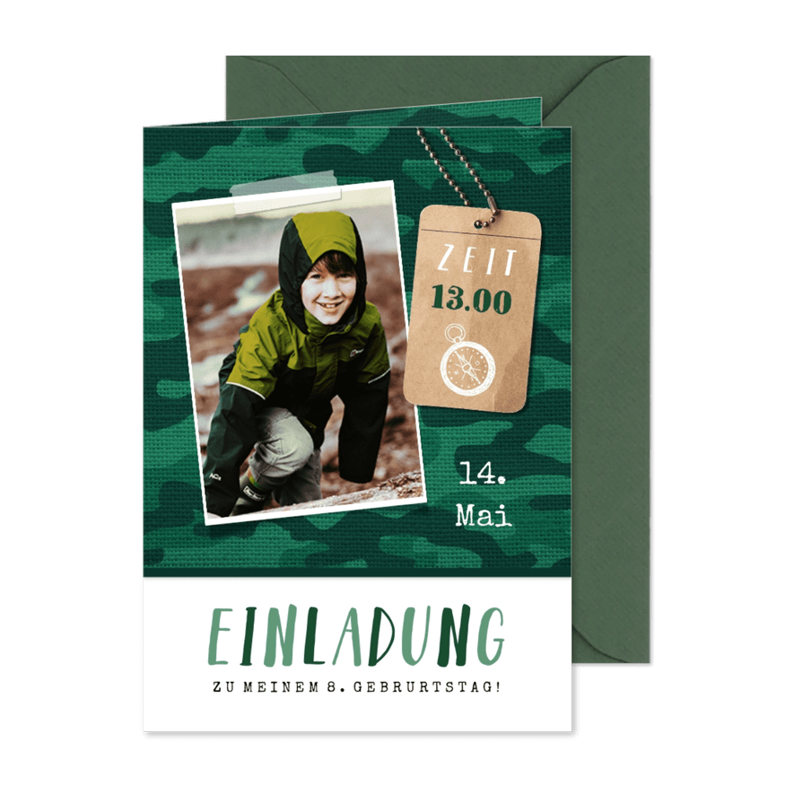 Einladung 8. Kindergeburtstag Armylook Foto - Karteneindruck