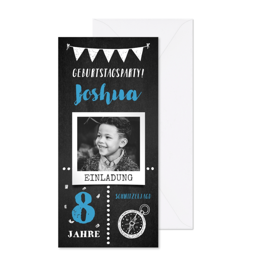 Einladung 8. Kindergeburtstag blau Schnitzeljagd mit Foto - Karteneindruck
