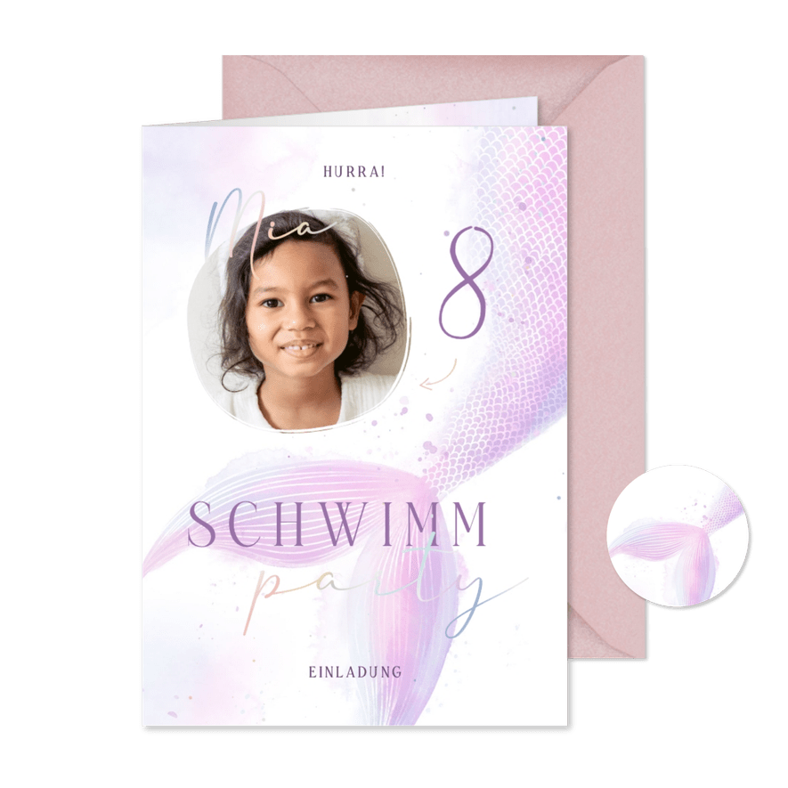 Einladung 8. Kindergeburtstag Flosse Meerjungfrau - Karteneindruck