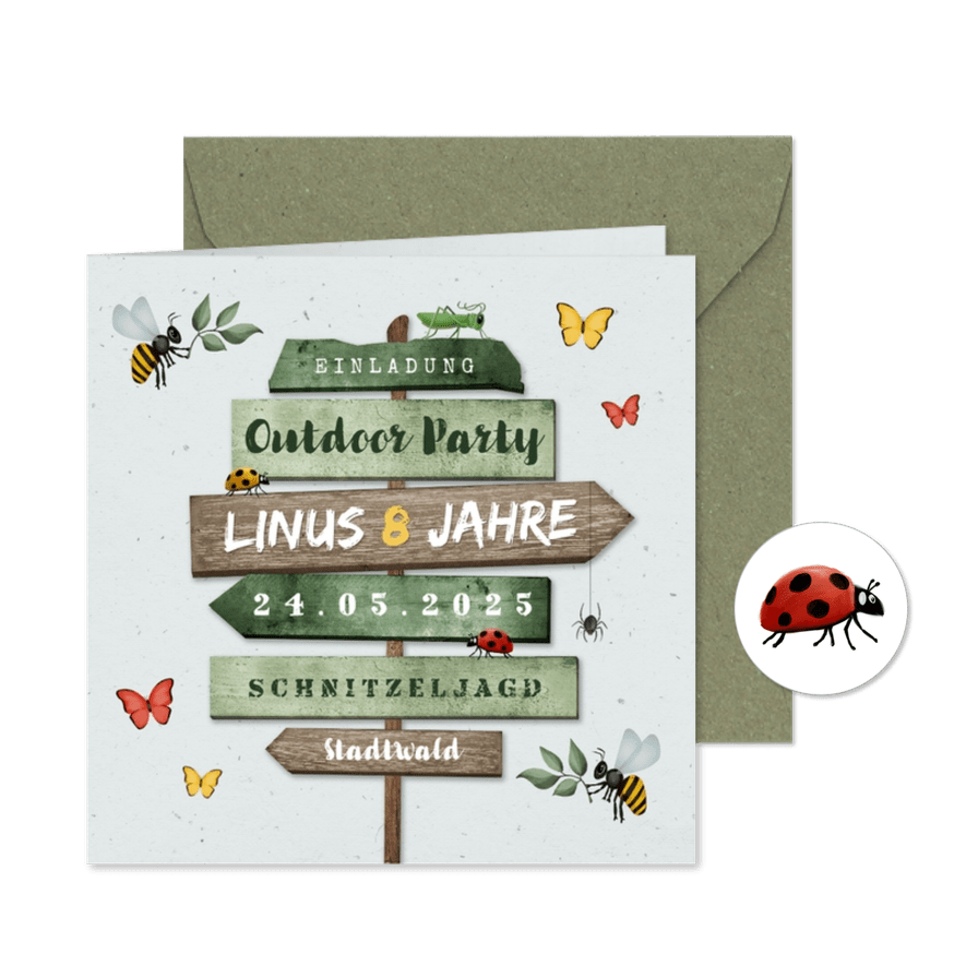 Einladung 8. Kindergeburtstag grün Outdoor Insekten - Karteneindruck