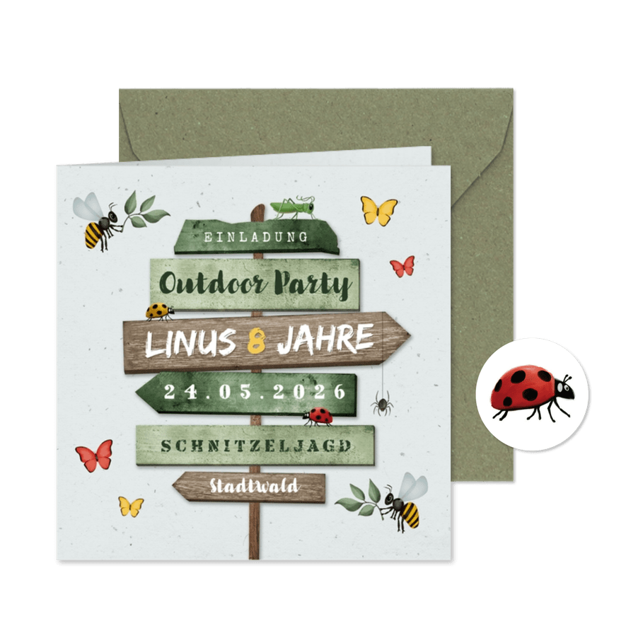 Einladung 8. Kindergeburtstag grün Outdoor Insekten - Karteneindruck