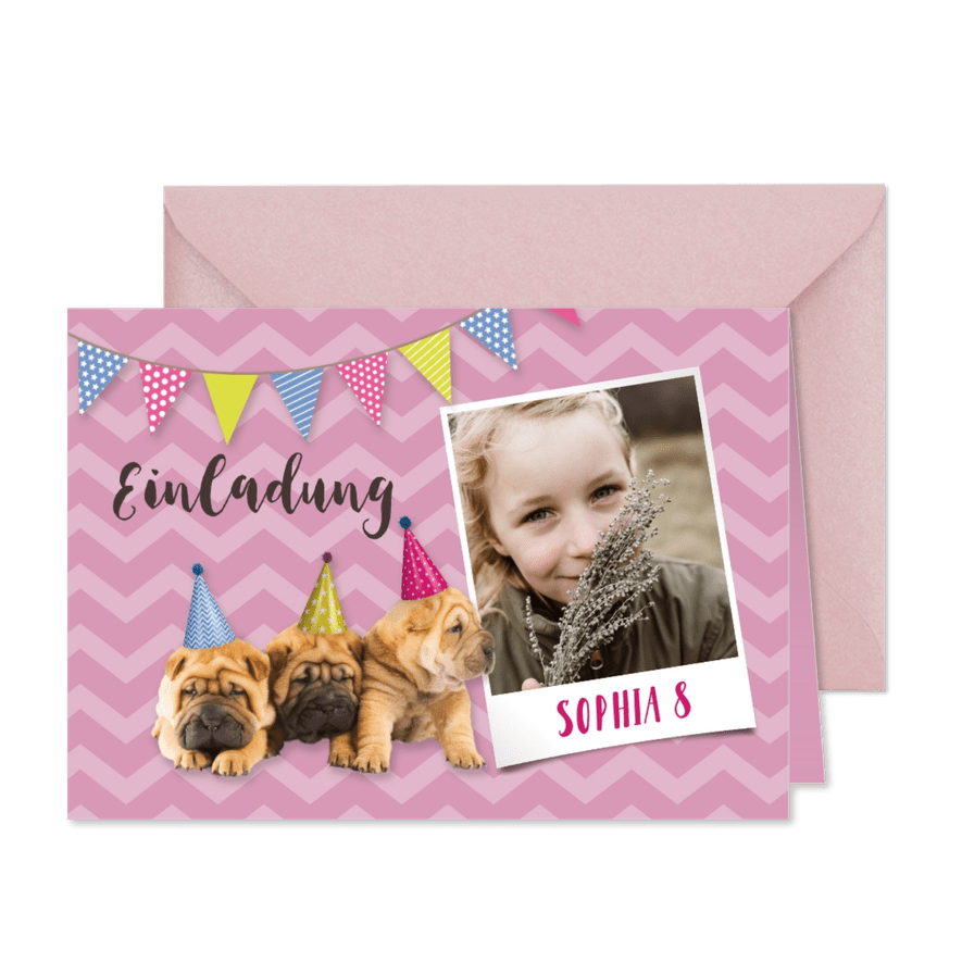 Einladung 8. Kindergeburtstag Hundeparty mit Foto - Karteneindruck
