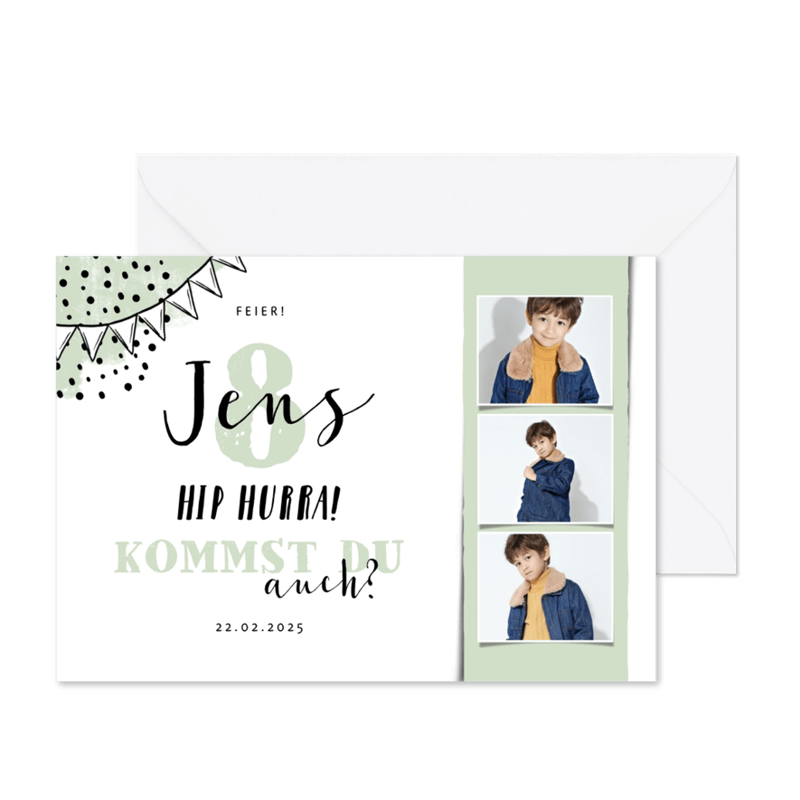 Einladung 8. Kindergeburtstag mit 3 Fotos und Konfetti - Karteneindruck
