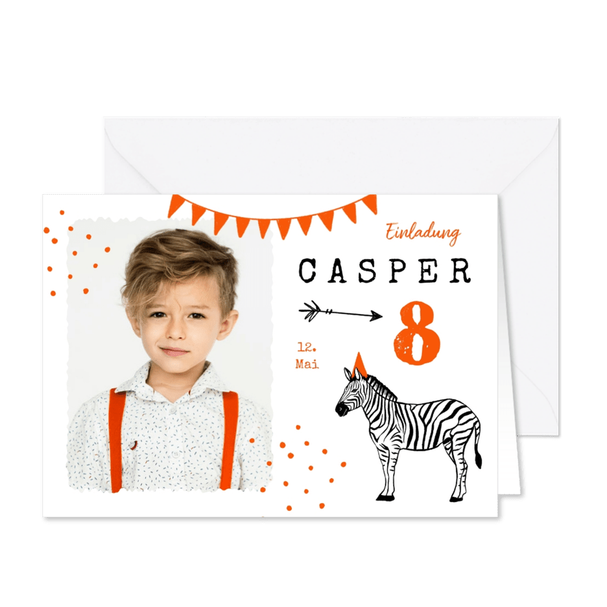 Einladung 8. Kindergeburtstag mit Foto und Zebra - Kartenvorschau