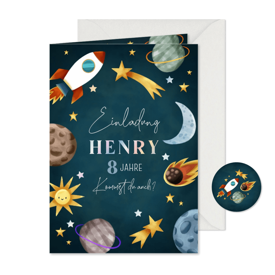 Einladung 8. Kindergeburtstag Rakete, Sterne & Planeten - Karteneindruck
