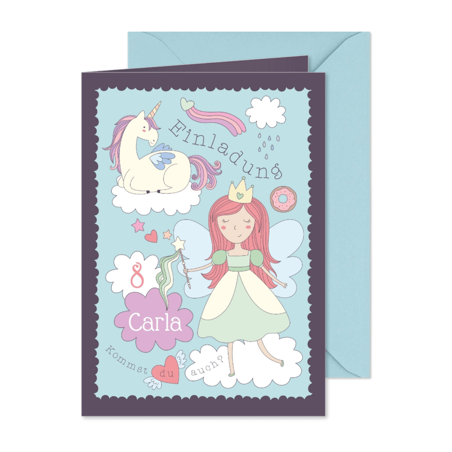 Einladung 8. Kindergeburtstag Wolkenprinzessin mit Einhorn - Karteneindruck