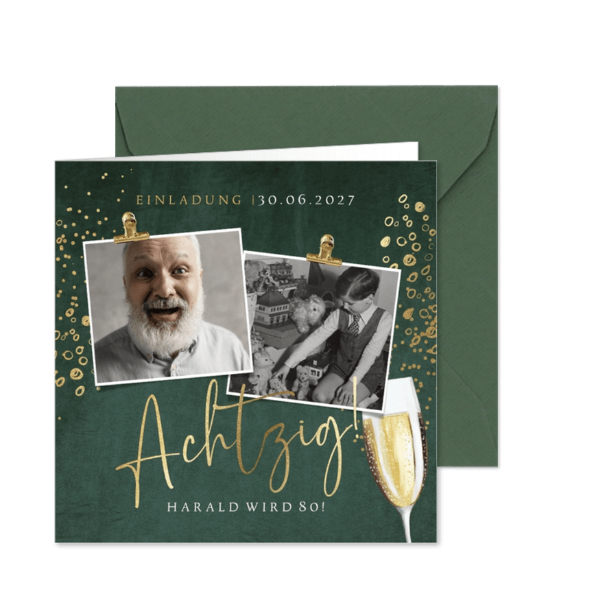 Einladung 80. Geburtstag Fotos und Sektglas - Karteneindruck
