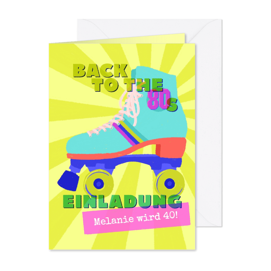Einladung 80er-Jahre-Party mit Rollschuh - Karteneindruck
