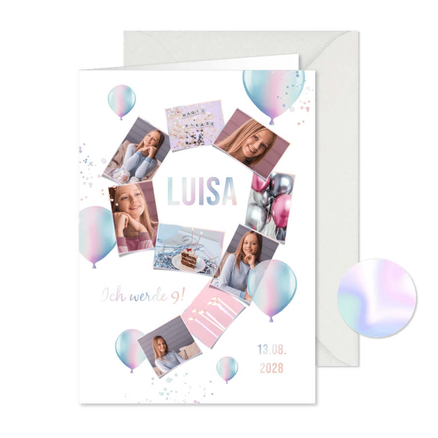 Einladung 9. Geburtstag Fotos & Luftballons - Karteneindruck

