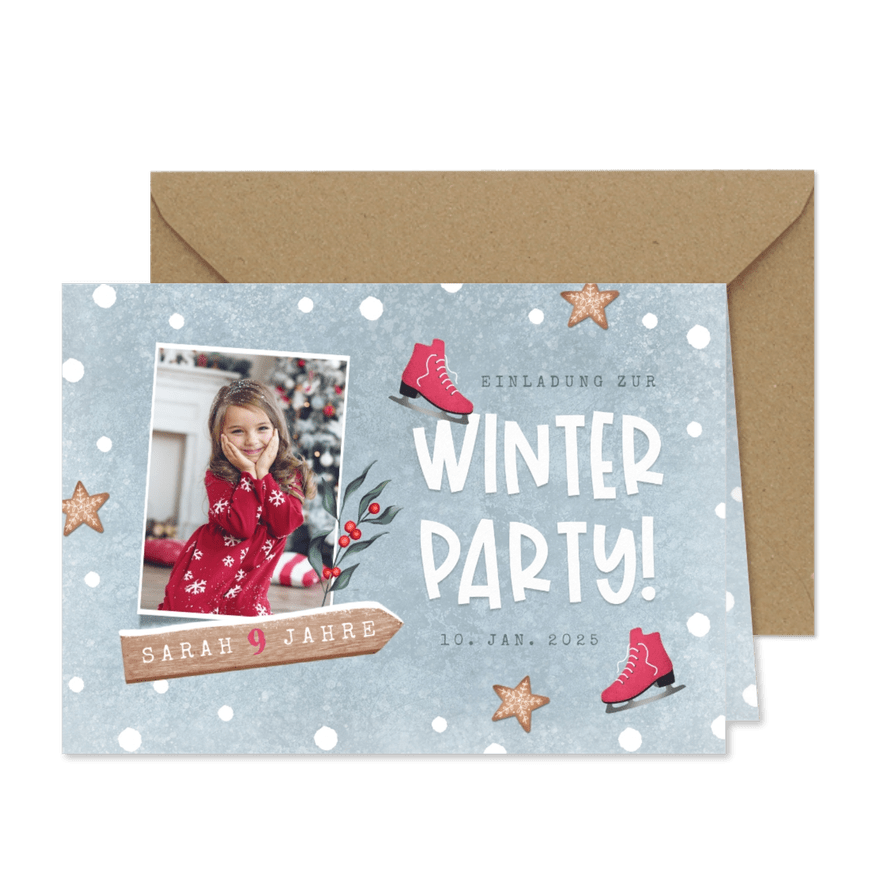 Einladung 9. Kindergeburtstag Mädchen Winterparty Foto - Karteneindruck