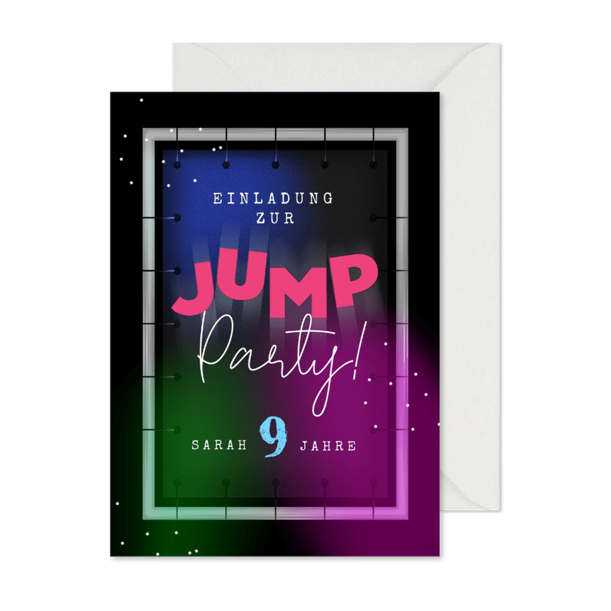 Einladung 9. Kindergeburtstag Trampolin springen - Karteneindruck
