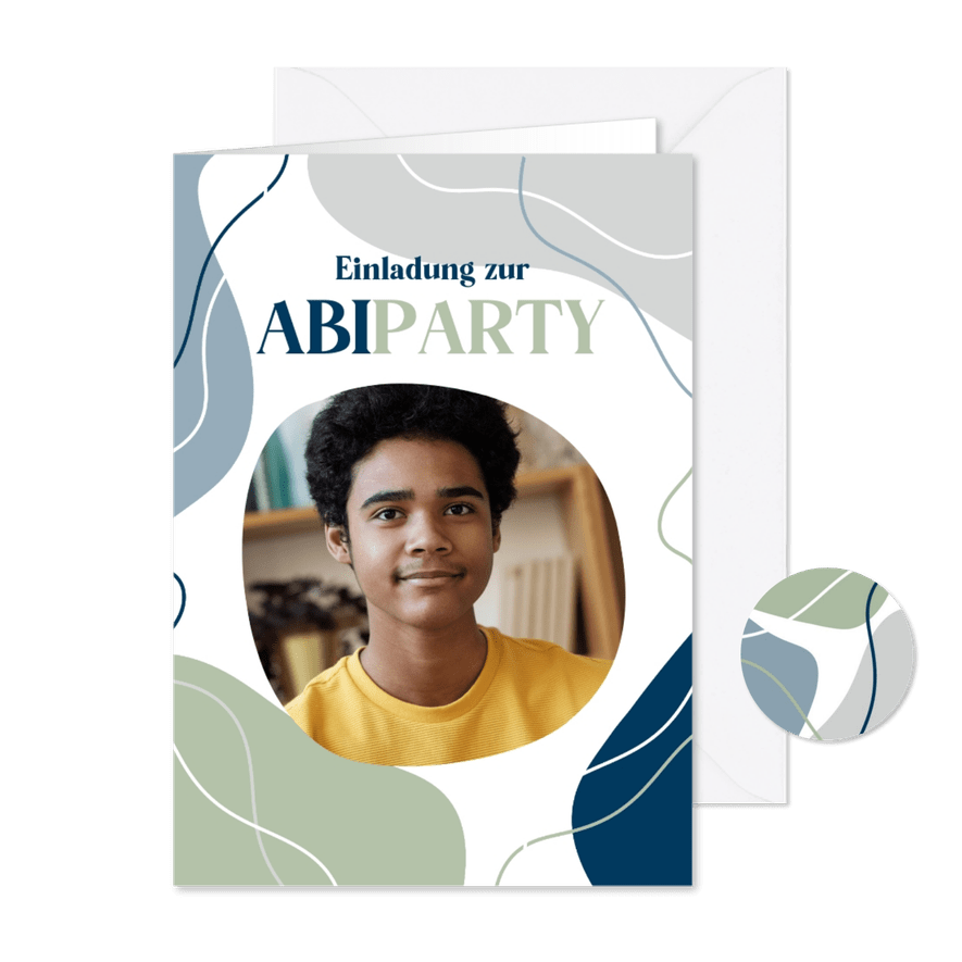 Einladung Abiparty blaugrün mit Foto - Karteneindruck
