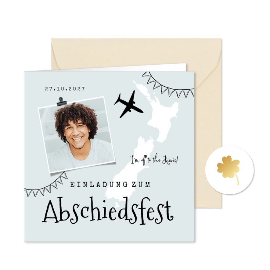 Einladung Abschiedsfest Auswandern Neuseeland - Karteneindruck
