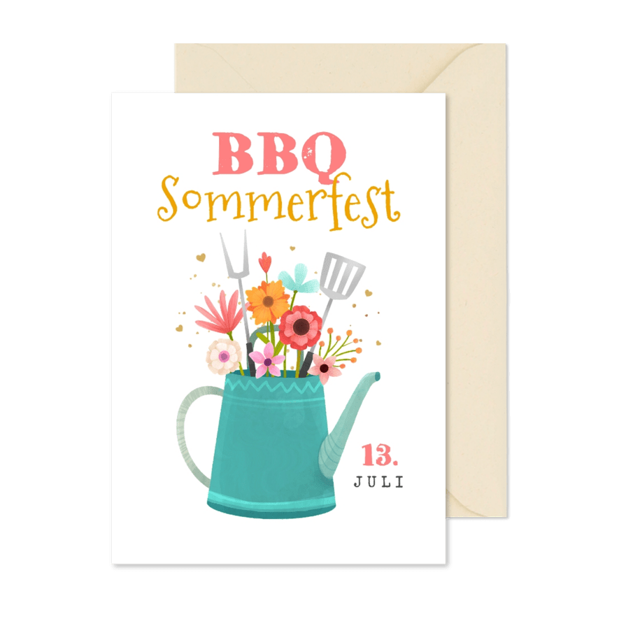 Einladung BBQ Sommerfest Gießkanne mit Blumen - Karteneindruck
