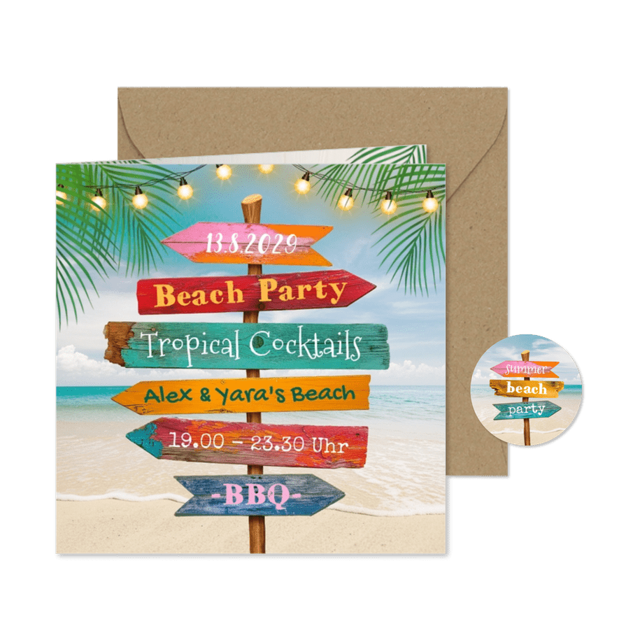 Einladung Beachparty bunte Wegweiser mit Strand - Kartenvorschau
