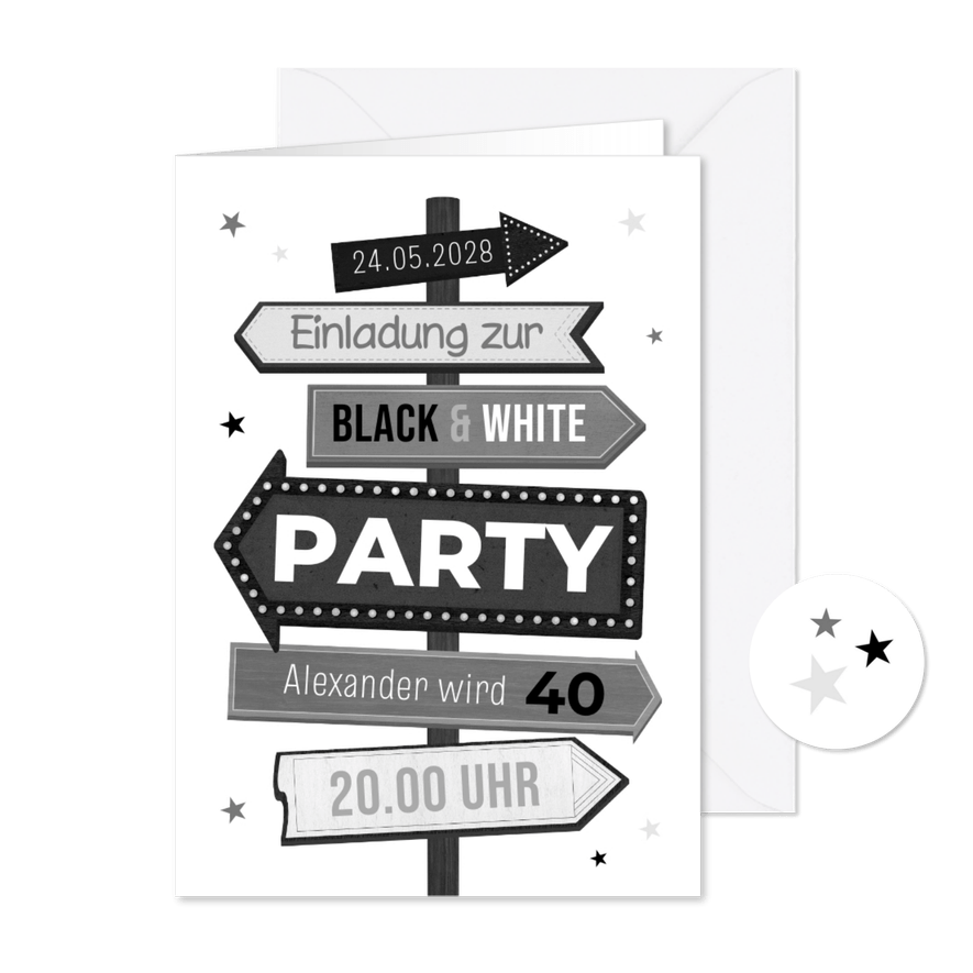 Einladung Black & White-Geburtstagsparty Wegweiser - Karteneindruck
