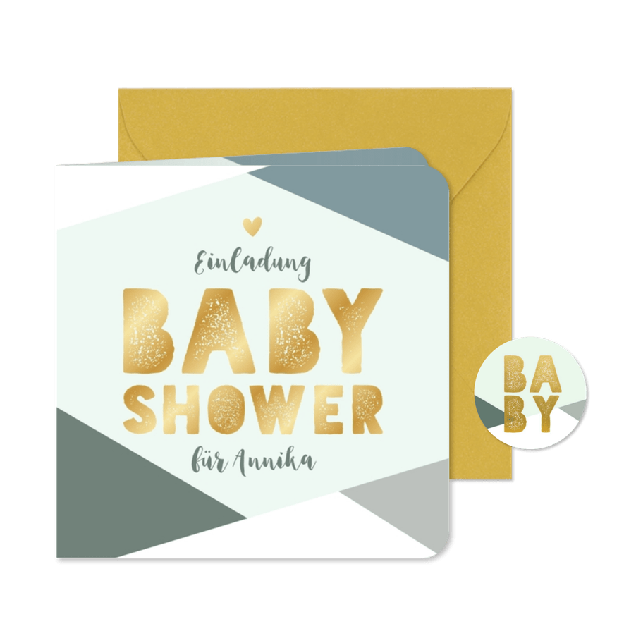 Einladung blau-grün Babyshower Gold - Karteneindruck

