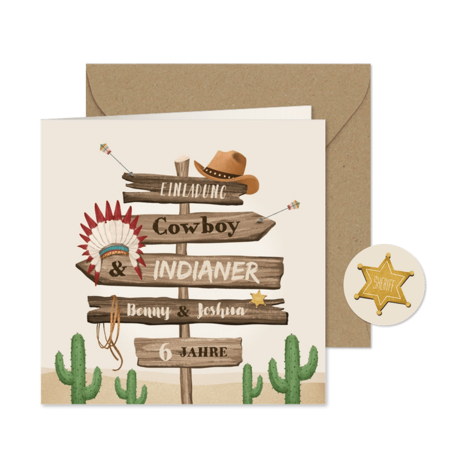 Einladung Cowboy & Indianer 6. Kindergeburtstag - Karteneindruck
