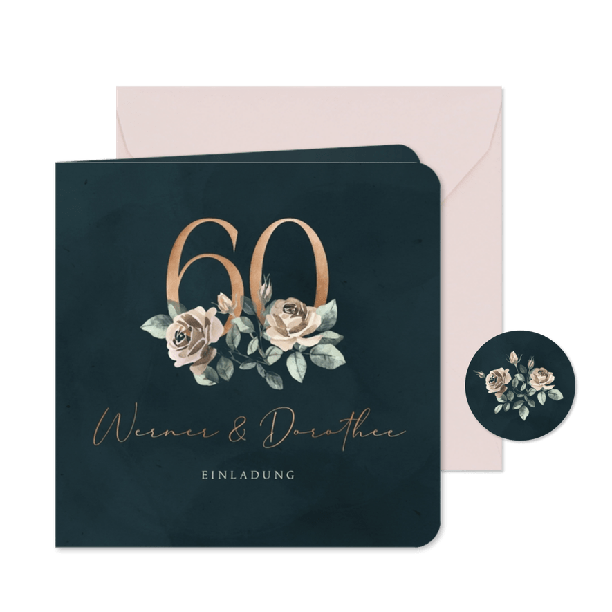 Einladung Diamantene Hochzeit 60 mit Rosen - Kartenvorschau