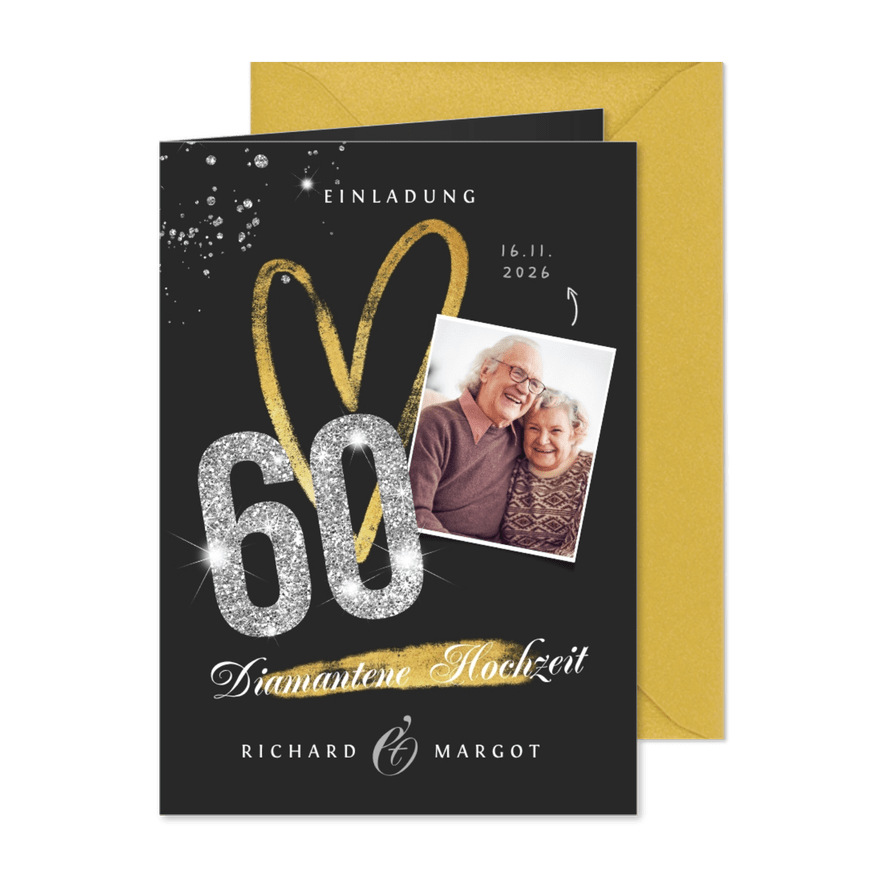 Einladung diamantene Hochzeit Fotos & Glitzer - Kartenvorschau