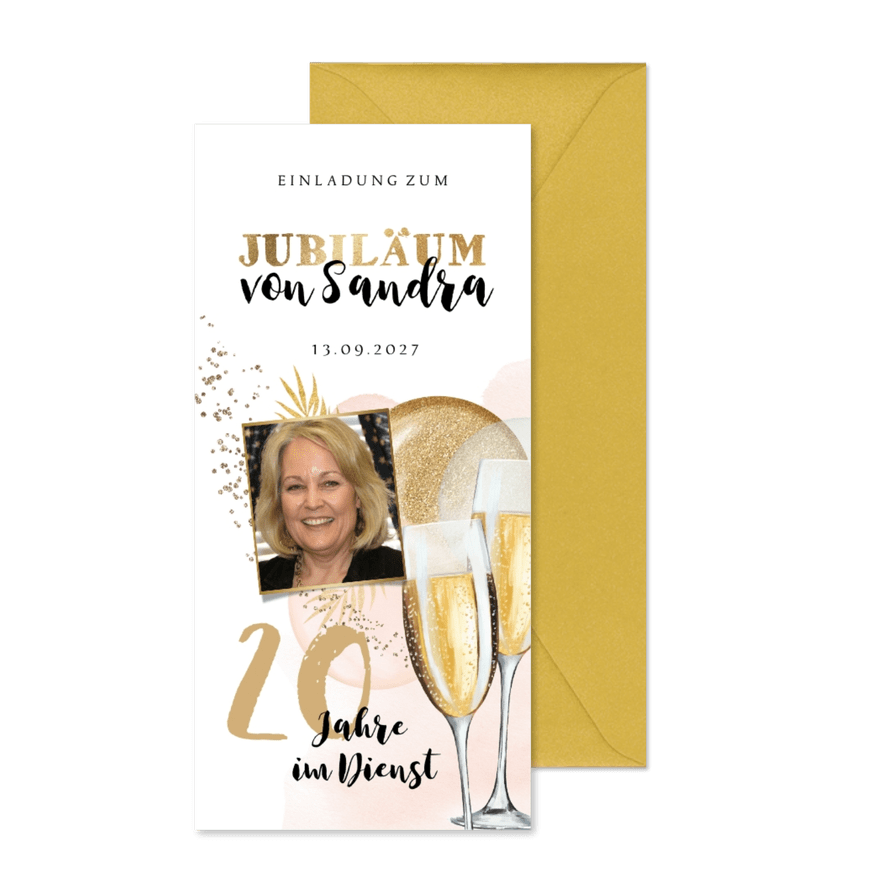 Einladung Dienstjubiläum Sektgläser & Foto - Karteneindruck