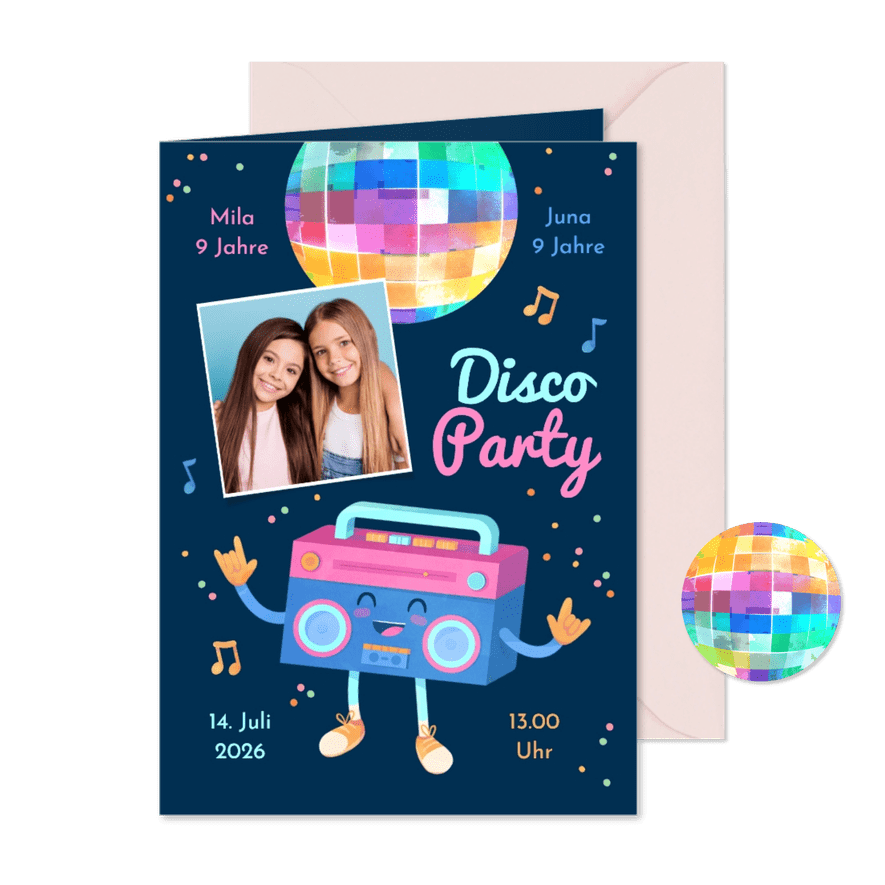 Einladung Disco Party Kindergeburtstag Zwilling mit Foto - Kartenvorschau