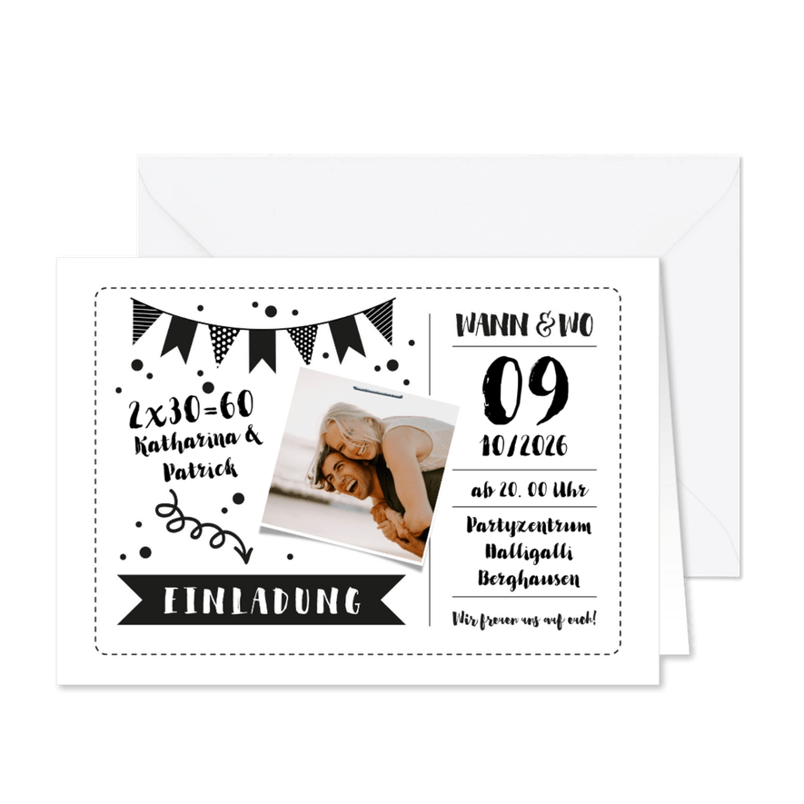 Einladung Doppelgeburtstag Monochrom für 2 - Kartenvorschau
